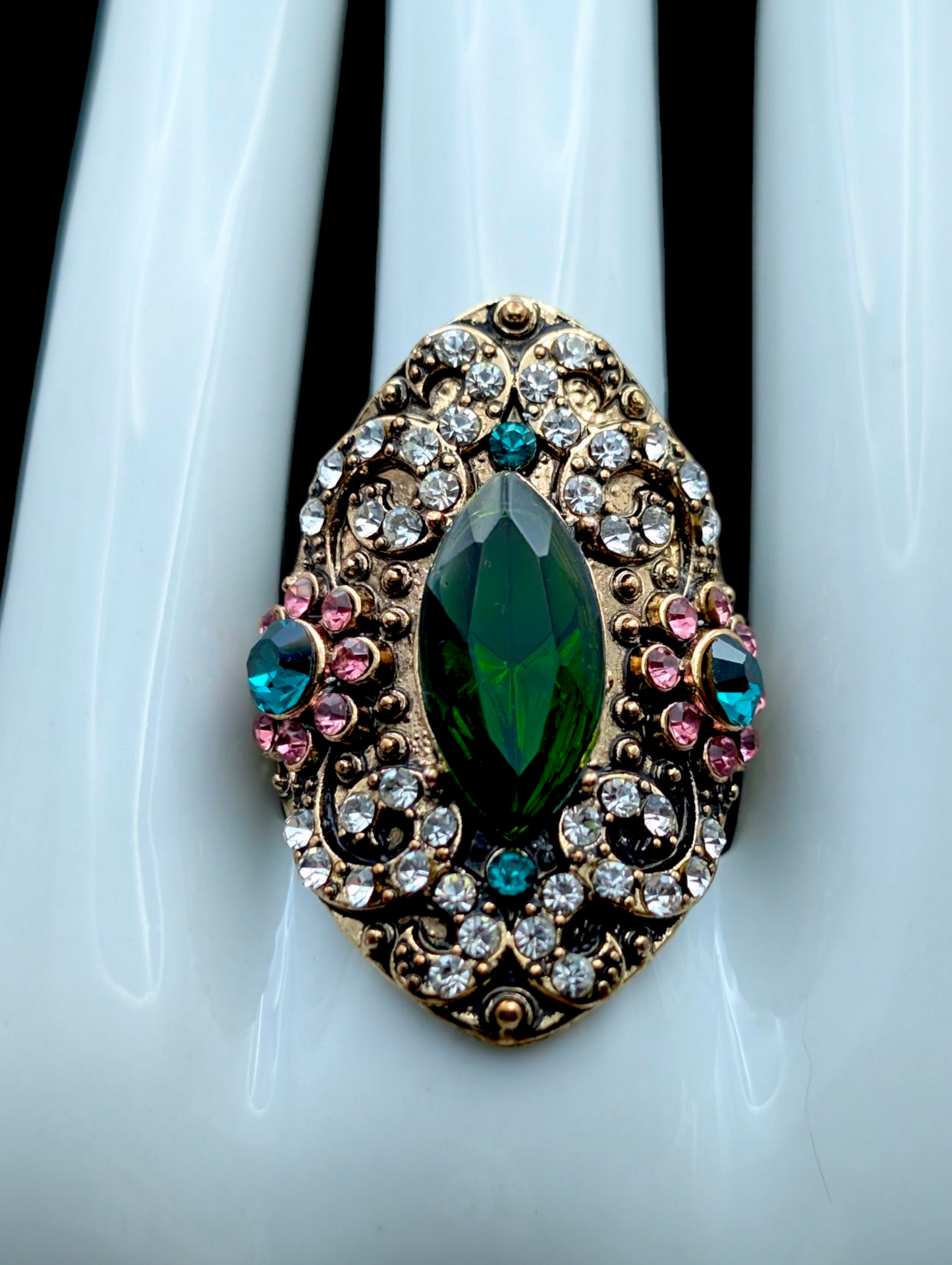 Vintage Turkish Ottoman Style Large Simulated Emerald and Multi Rhinestone Antique Gold Toned Statement Ring (Copy)