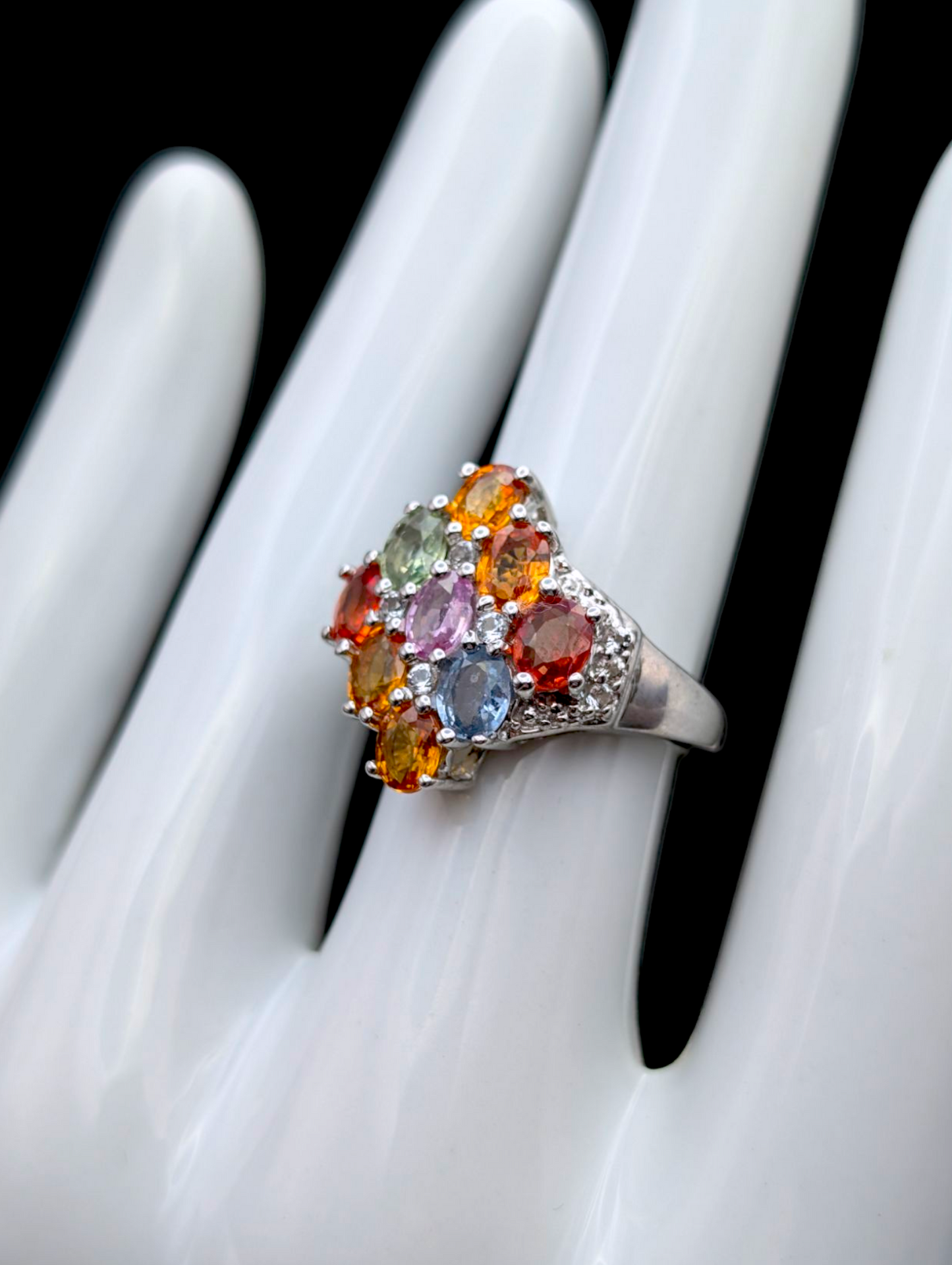 Vintage Rainbow Genuine Fancy Sapphire and Topaz Accented Sterling Silver Cluster Ring