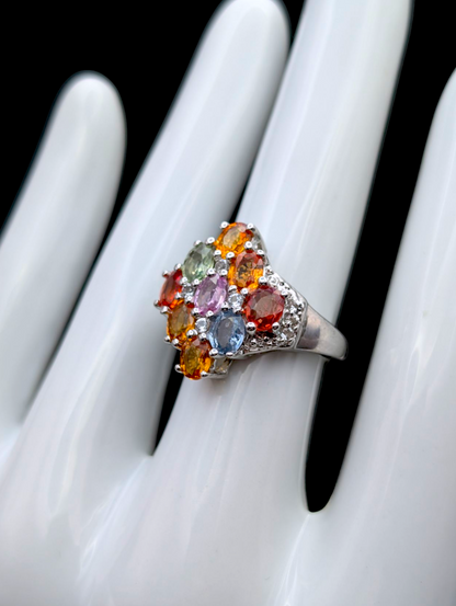 Vintage Rainbow Genuine Fancy Sapphire and Topaz Accented Sterling Silver Cluster Ring