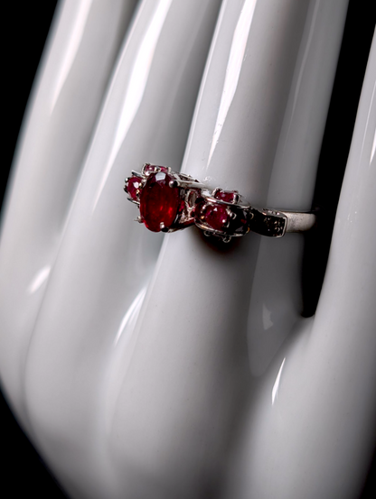 Vintage Royal Inspired Oval Cut Solitaire Genuine Ruby with Ruby Accent Stones and Diamond Accented Mount in Sterling Silver Ring
