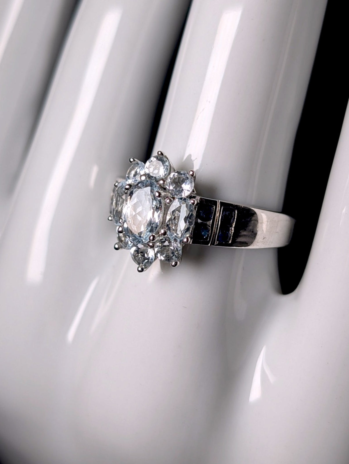 Vintage Starburst Genuine Aquamarine with Royal Blue Topaz Accents Sterling Silver Ring