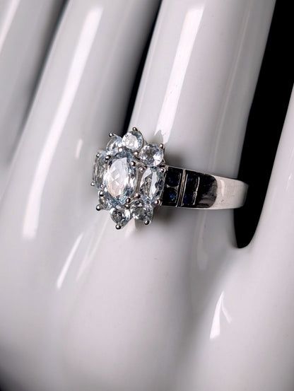 Vintage Starburst Genuine Aquamarine with Royal Blue Topaz Accents Sterling Silver Ring