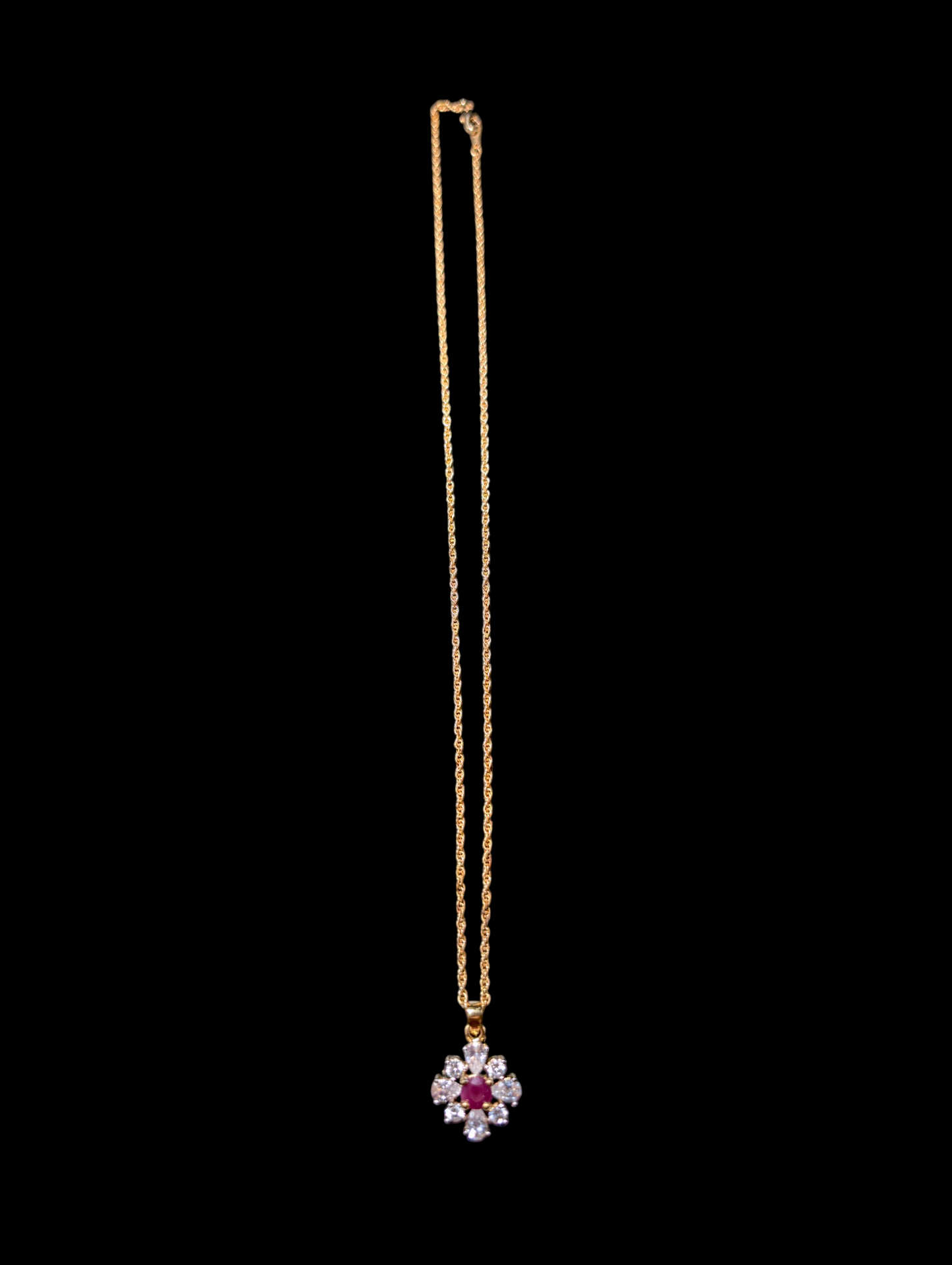 Vintage Earth Mined Genuine Ruby and Simulated Diamond Pendant and Gold Tone Chain Necklace