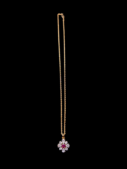 Vintage Earth Mined Genuine Ruby and Simulated Diamond Pendant and Gold Tone Chain Necklace