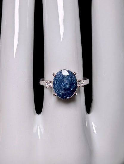 Vintage 3.8 Carat Earth Mined Blue Sapphire Solitaire and White Topaz Sterling Ring