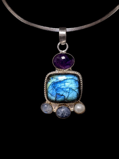 Vintage Large Genuine Labradorite, Amethyst, Moonstone, Pearl and Sodalite Sterling Silver Pendant