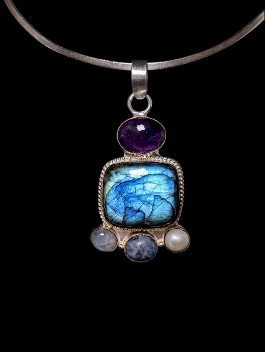 Vintage Large Genuine Labradorite, Amethyst, Moonstone, Pearl and Sodalite Sterling Silver Pendant