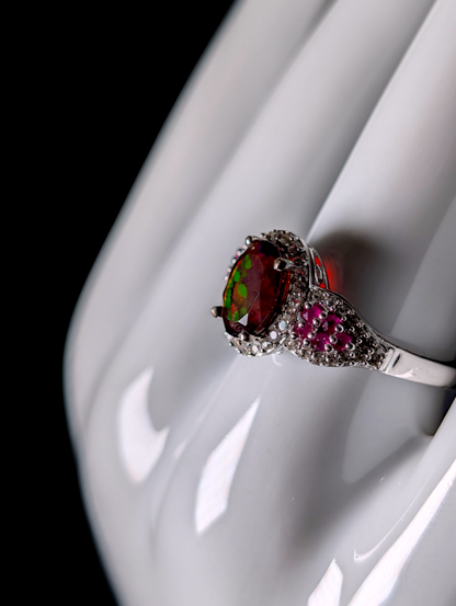 Vintage Earth Mined Genuine Black Fire Opal Solitaire with White Topaz Halo and Ruby Accent Stones Sterling Silver Ring