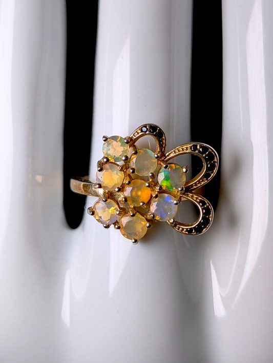Vintage Round Cut Genuine Fire Opal and Black Onyx Yellow Gold over Sterling Cluster Statement Ring