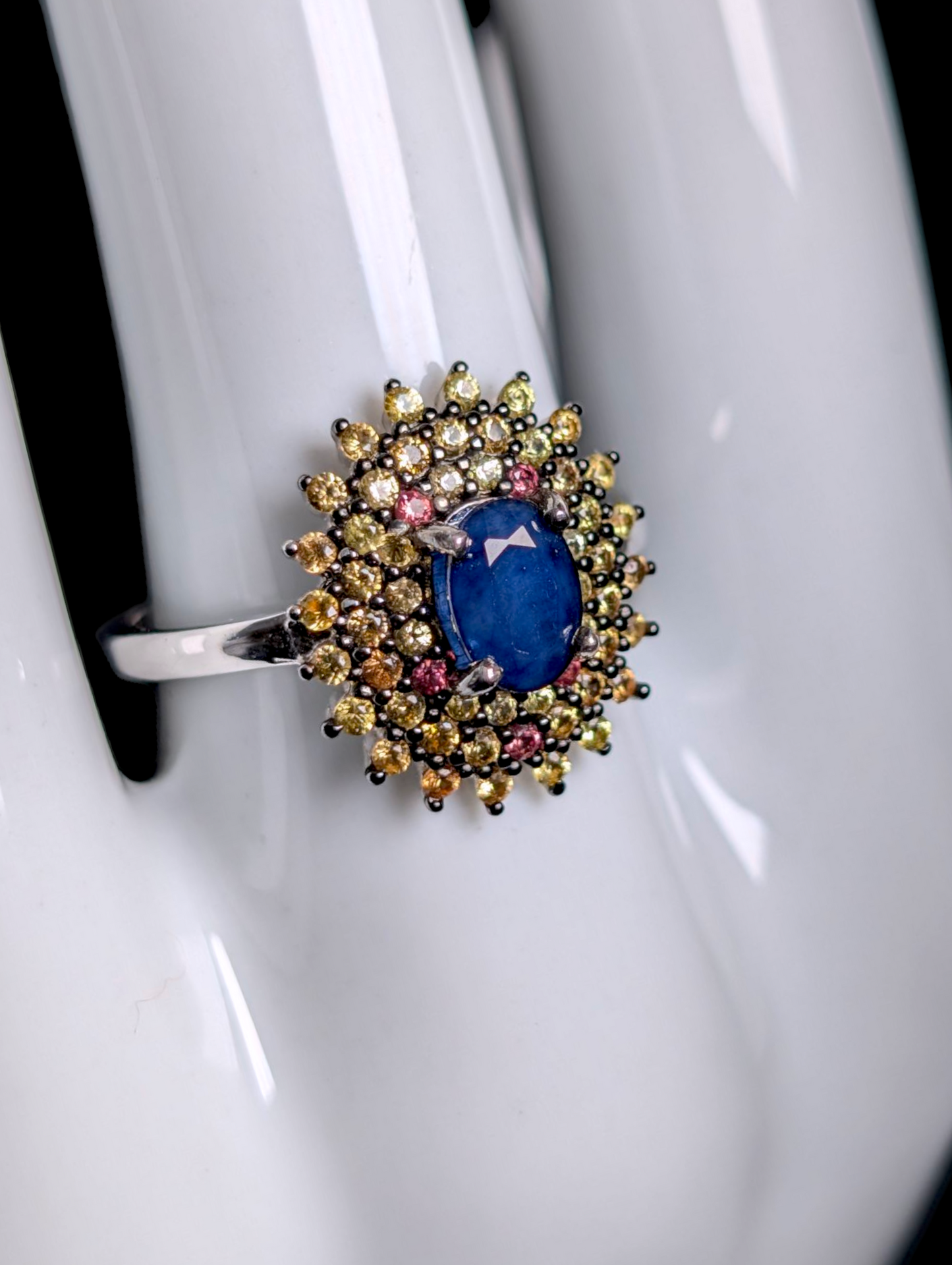 Vintage Inspired Oval Cut Earth Mined Genuine Royal Blue Sapphire Solitaire with Triple Fancy Sapphire Halo Sterling Silver Statement Ring