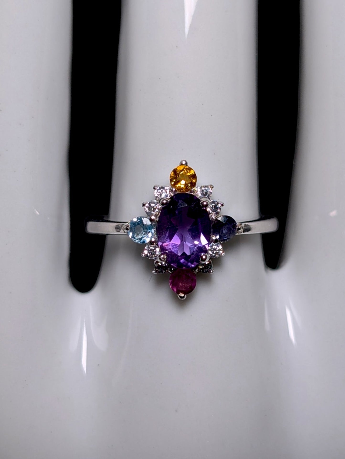 Vintage Genuine Amethyst, Citrine, Iolite, Topaz Starburst Sterling Ring