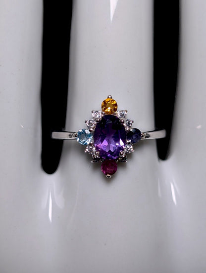 Vintage Genuine Amethyst, Citrine, Iolite, Topaz Starburst Sterling Ring