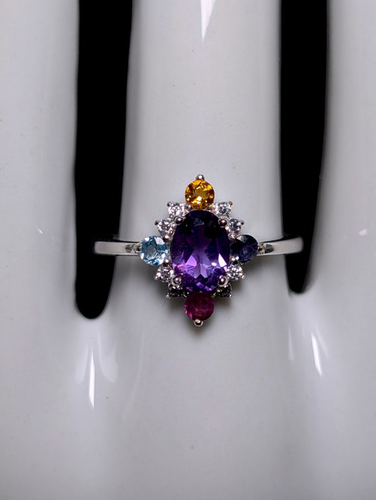 Vintage Genuine Amethyst, Citrine, Iolite, Topaz Starburst Sterling Ring