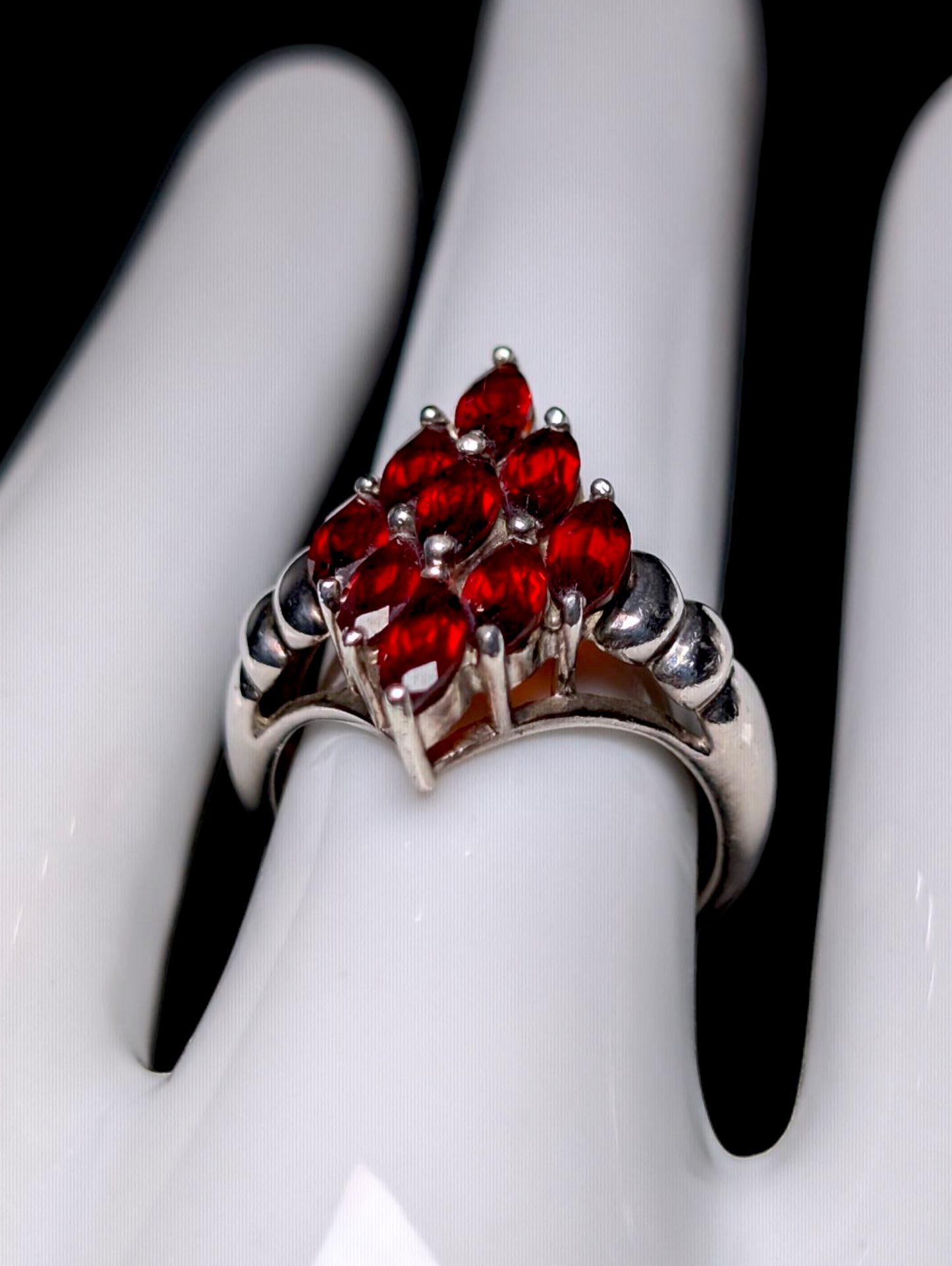 Vintage Marquise Cut Genuine Pyrope Garnet Cluster Sterling Silver Ring