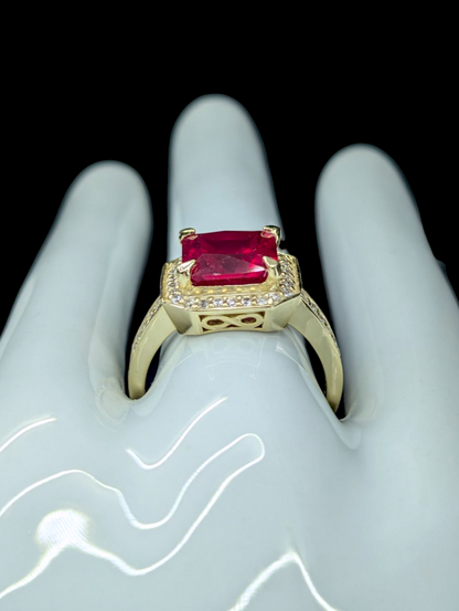 Vintage 5.6 Carat Solitaire Genuine Ruby and Zircon Halo 14k Gold Vermeil Princess Cut Ring