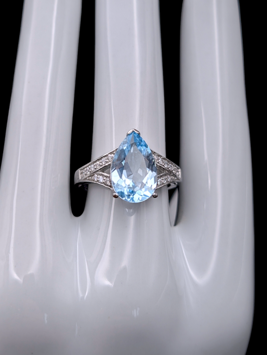 Vintage Solitaire Pear Cut Swiss Blue Topaz Simulated Diamond Accented Split Shank Sterling Silver Ring