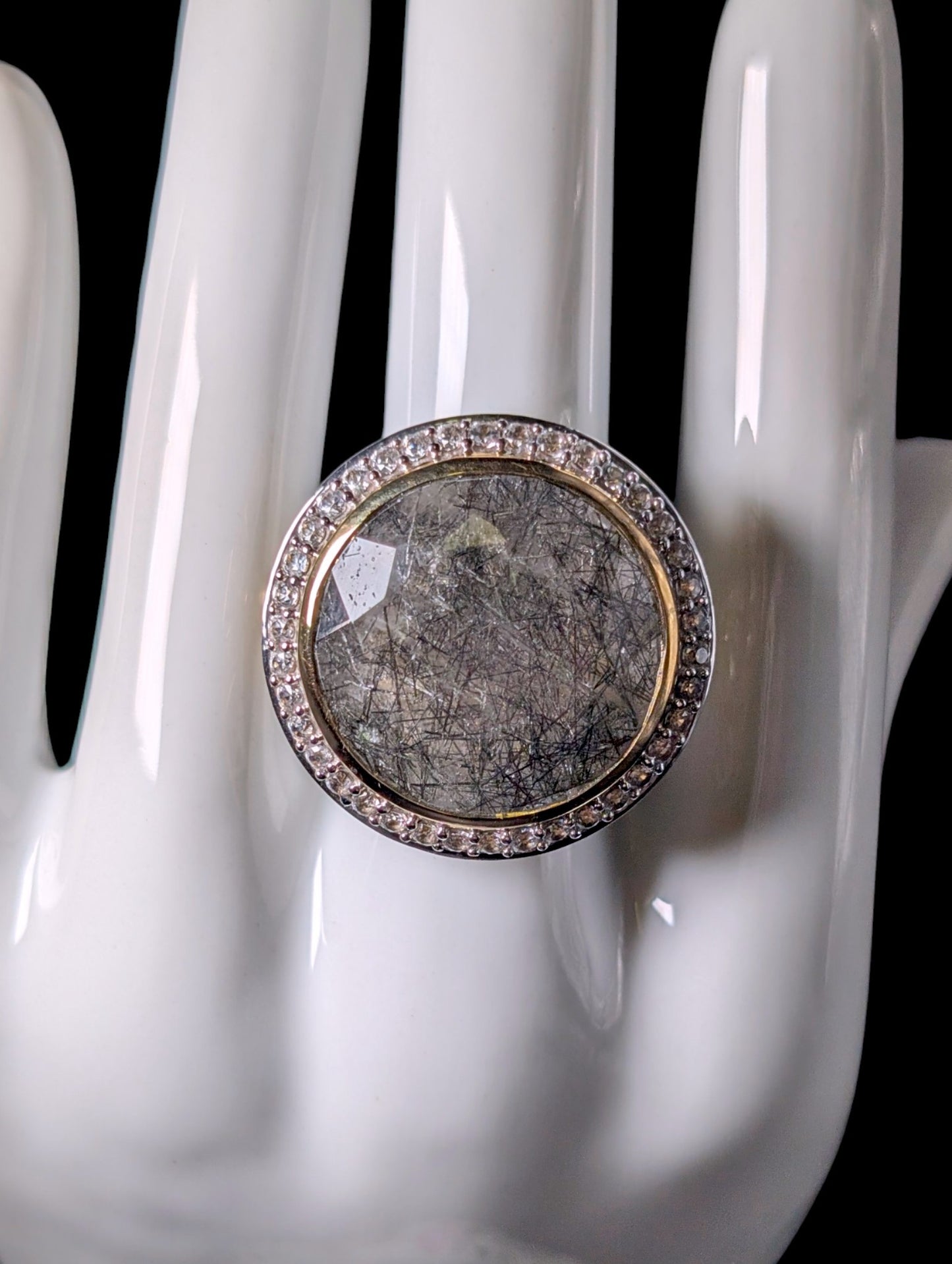Vintage Genuine Rutilated Quartz and Topaz Halo Gold Toned Cocktail Ring