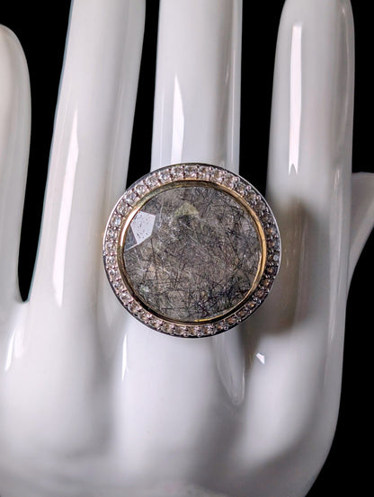 Vintage Genuine Rutilated Quartz and Topaz Halo Gold Toned Cocktail Ring