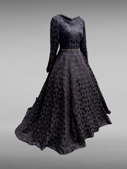 1940s-1950s "The Phoenix" Black Wedding Dress with Damask Silk Embossed Maple Leaves