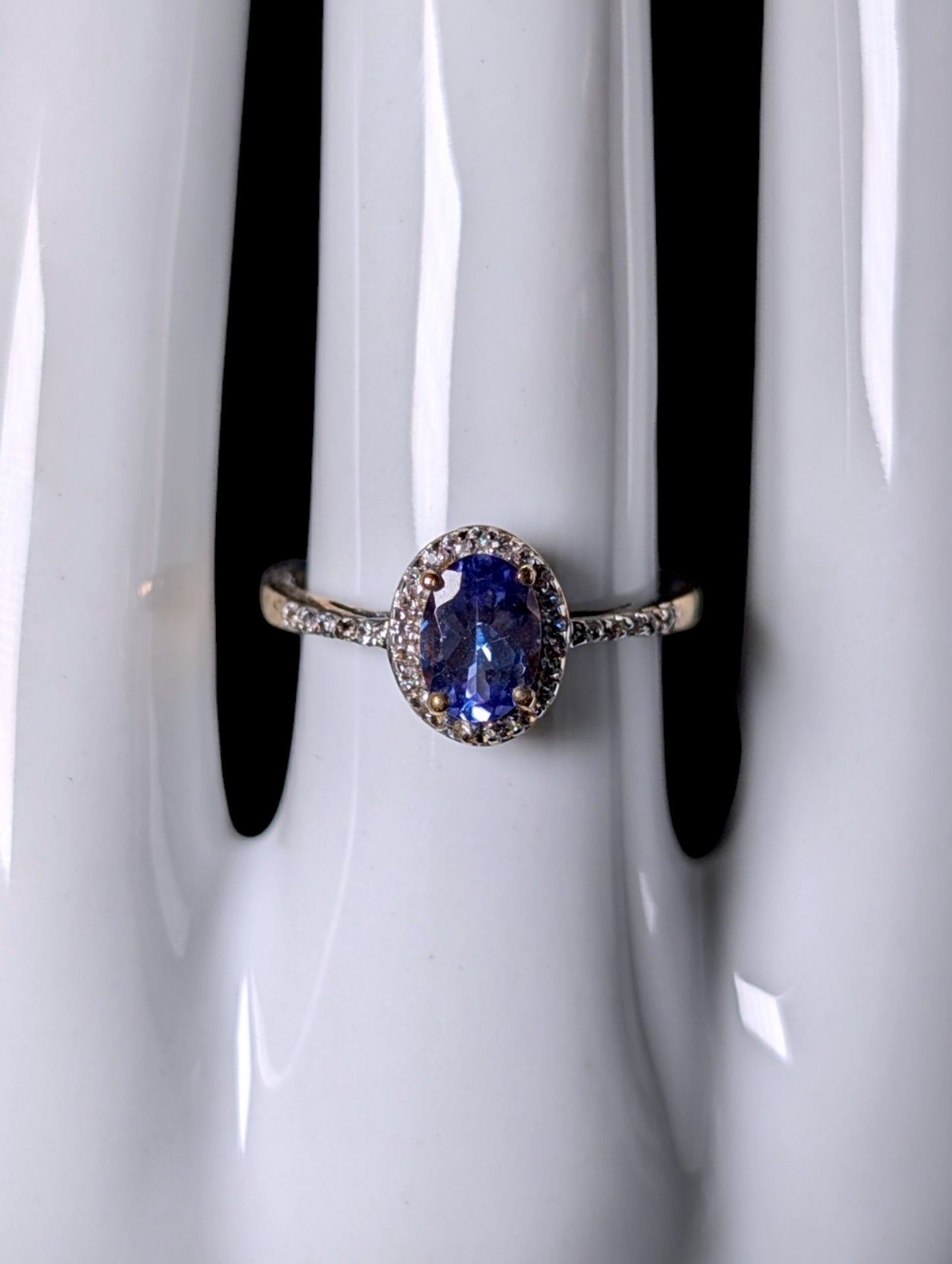 Vintage Genuine Kyanite Solitaire with White Topaz Halo Gold over Sterling Ring
