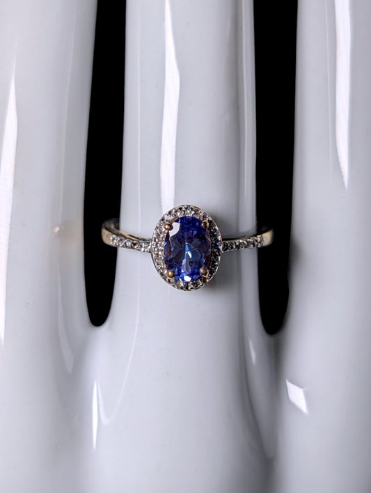 Vintage Genuine Kyanite Solitaire with White Topaz Halo Gold over Sterling Ring