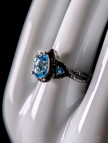 Vintage Pear Cut Solitaire Genuine London Blue Topaz Black Rhodium over Sterling Silver Ring