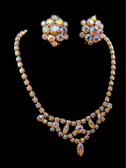 1950s Rare Pink and Purple Aurora Borialis Rhinestone Necklace and Earrings Set