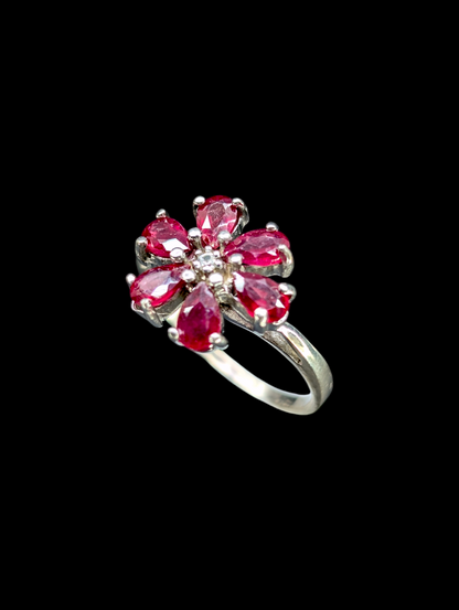 Vintage Flower Genuine Ruby and Genuine White Topaz Rhodium Over Sterling Silver Ring