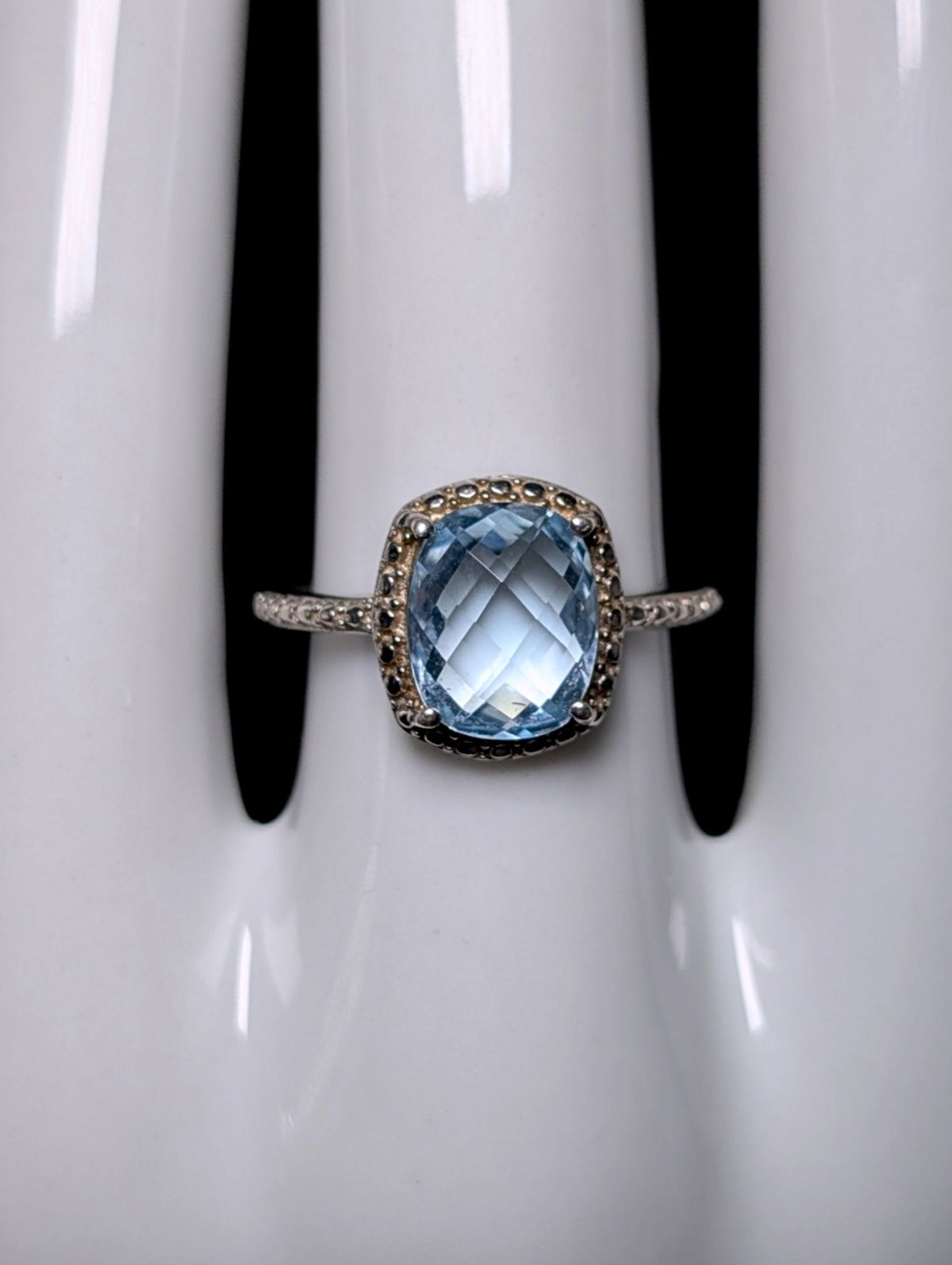 Vintage Checkerboard Cut Genuine Blue Topaz Solitaire Sterling Silver Ring