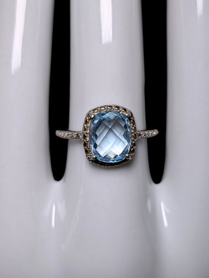 Vintage Checkerboard Cut Genuine Blue Topaz Solitaire Sterling Silver Ring