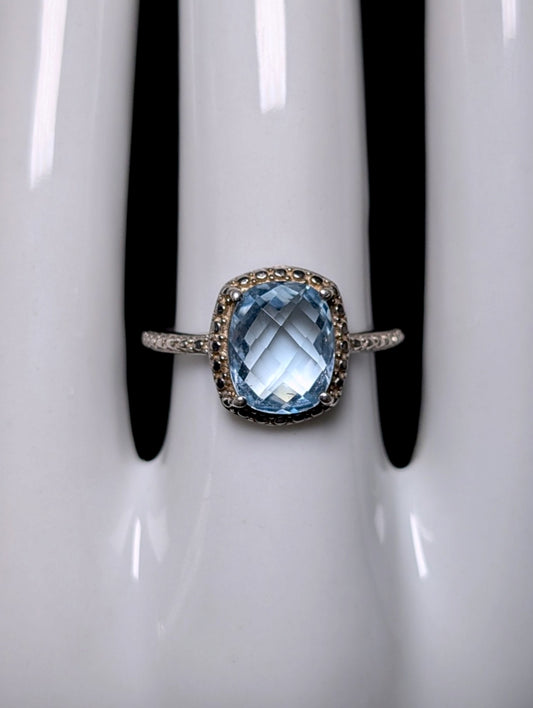 Vintage Checkerboard Cut Genuine Blue Topaz Solitaire Sterling Silver Ring
