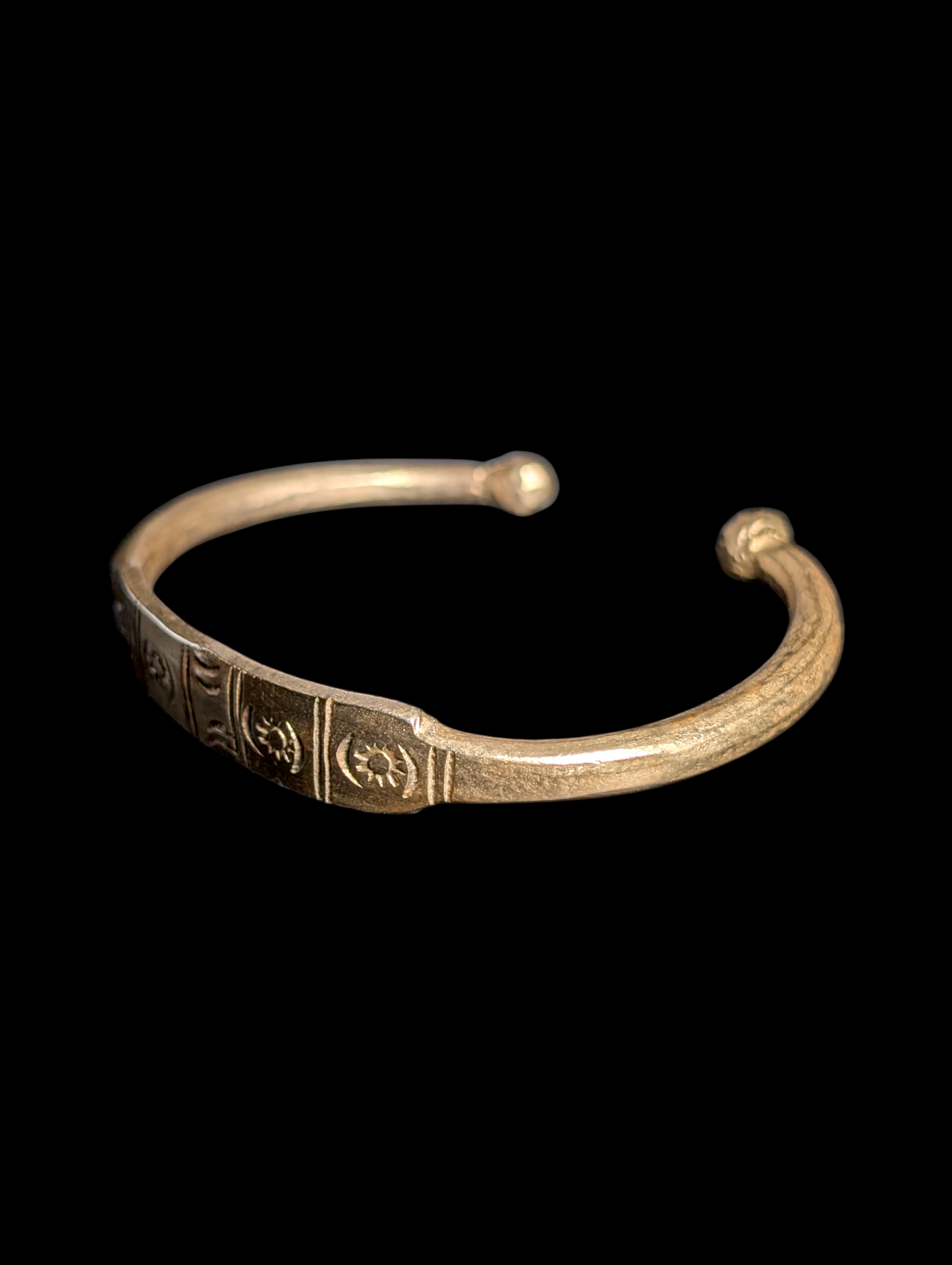 Vintage Sun and Moon Engraved Gold Toned Brass Cuff Bracelet