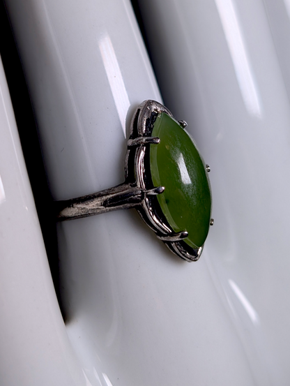 Vintage Marquise Cut Earth Mined Genuine Jade Solitaire with Scalloped Detailing Sterling Silver Ring