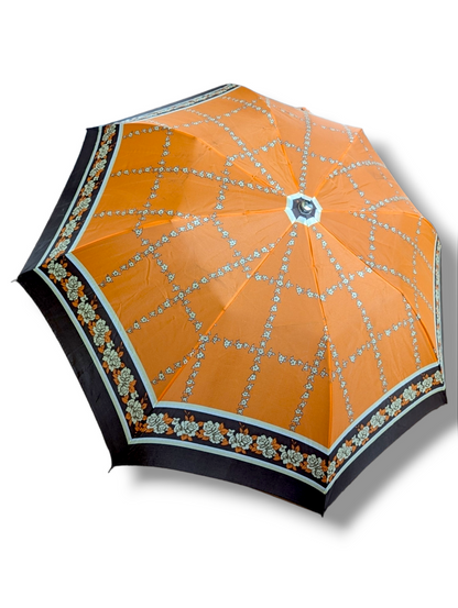 1960s - 1970s Orange and Brown Floral Travel Umbrella with Silver Handle