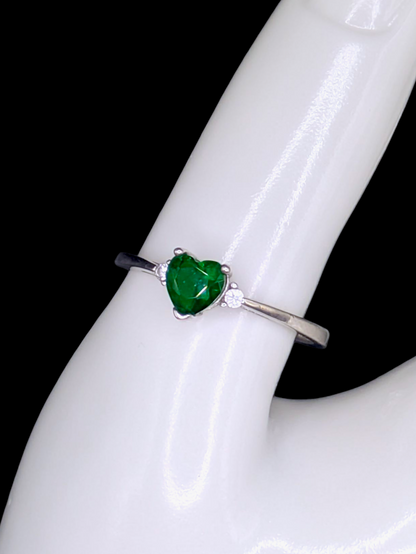 Vintage Inspired Heart Cut Simulated Emerald Solitaire Dainty Silver Toned Ring
