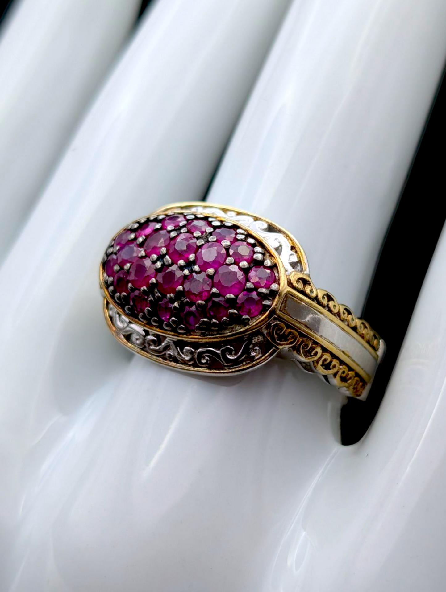 Vintage Inspired Gems En Vogue 18k Gold Filigree Palladium Silver Earth Mined Genuine Ruby East West Cluster Black Prong Sterling Ring