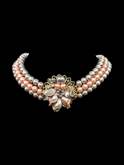 1940s-1950s  3 Strand Silver and Pink Choker Necklace with Flower Pendant