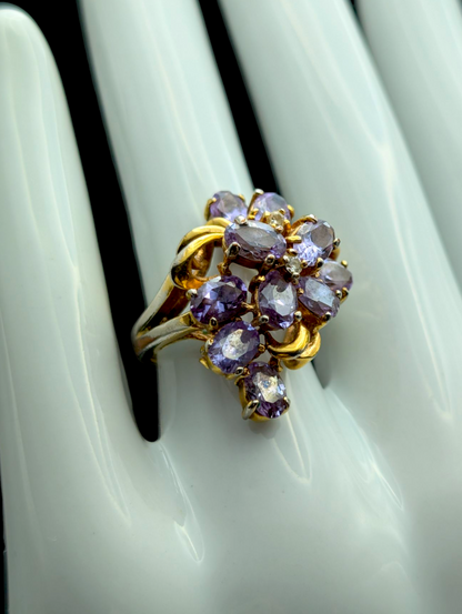 Vintage Flower Cluster Simulated Amethyst and Simulated Diamond Accented Gold Tone Statement Ring