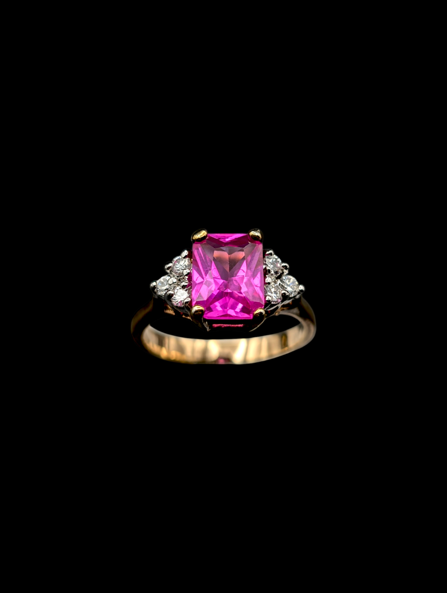 Vintage Radiant Cut Genuine Pink Sapphire and Simulated Diamond 18k Yellow Gold Vermeil Sterling Silver Ring