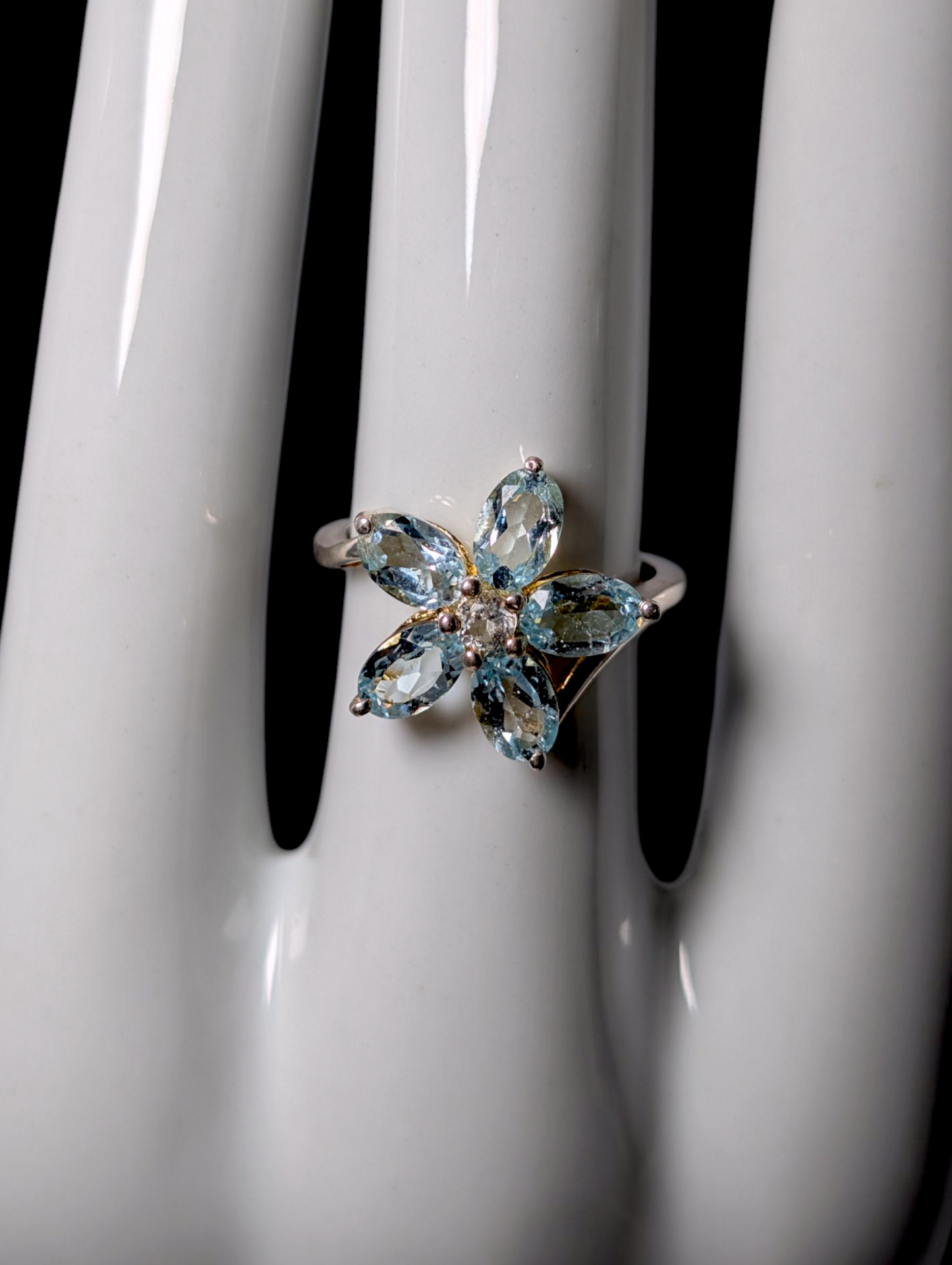Vintage Flower Design Genuine Sky Blue and White Topaz Dainty Sterling Silver Ring