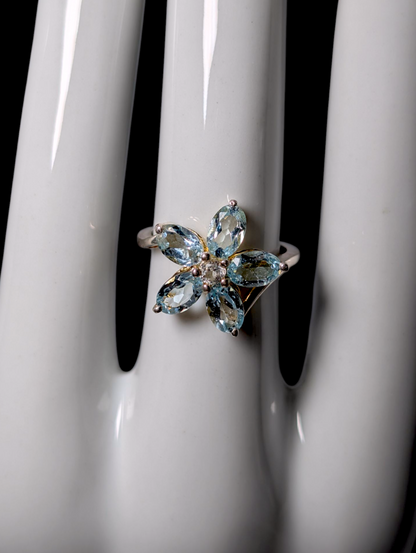 Vintage Flower Design Genuine Sky Blue and White Topaz Dainty Sterling Silver Ring