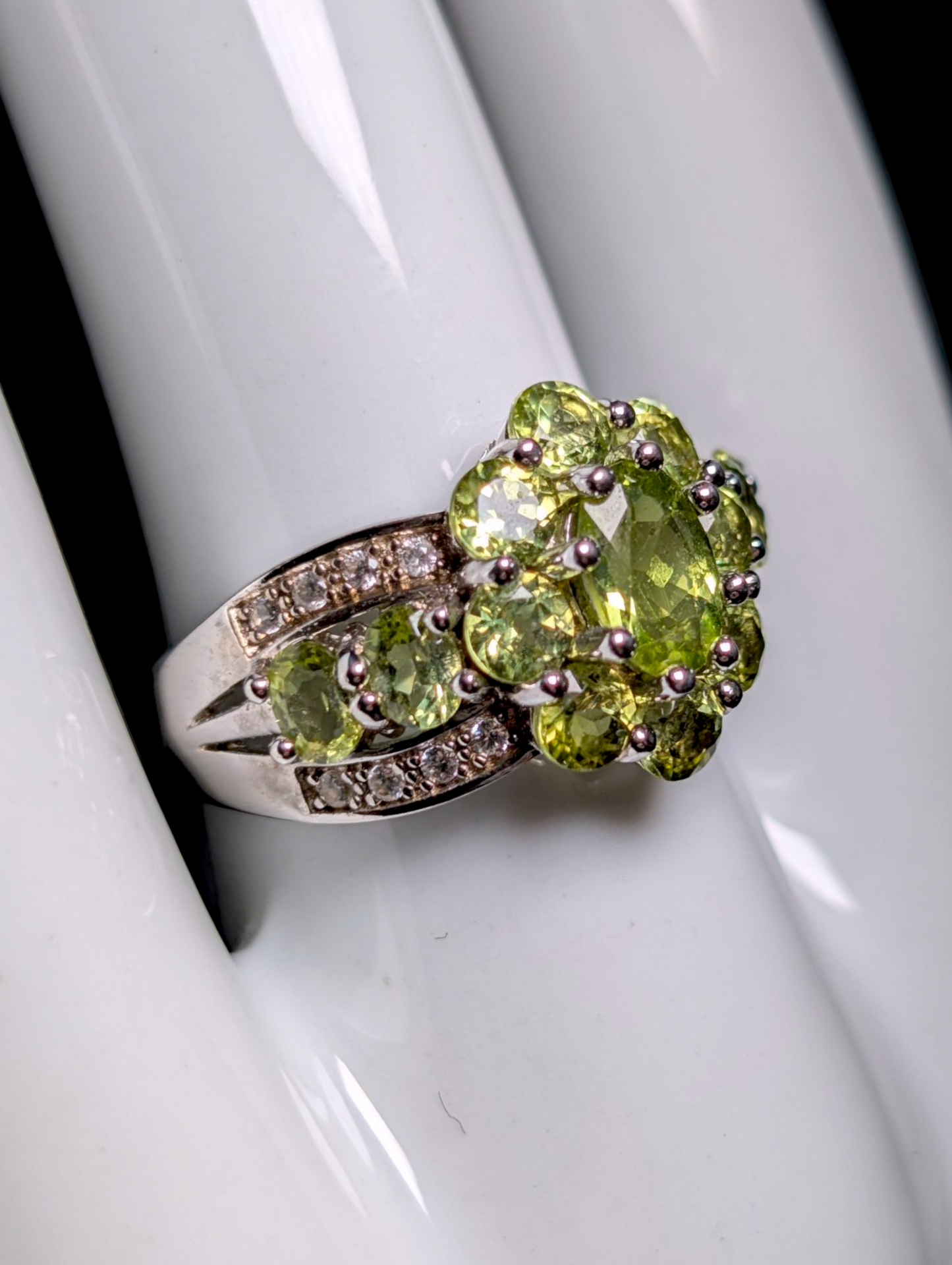 Vintage Cluster Genuine Peridot and White Zircon Sterling Silver Ring