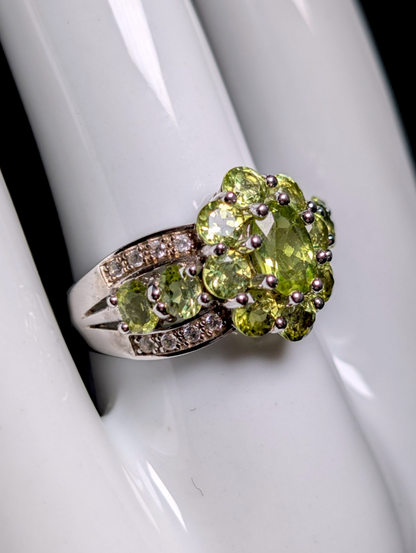 Vintage Cluster Genuine Peridot and White Zircon Sterling Silver Ring