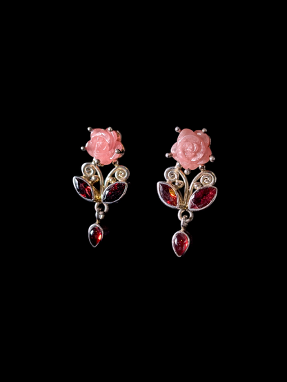 Vintage Bezel Set Genuine Garnet and Carved Rose Quartz Pink Roses Sterling Silver Stud Post Dangle Earrings
