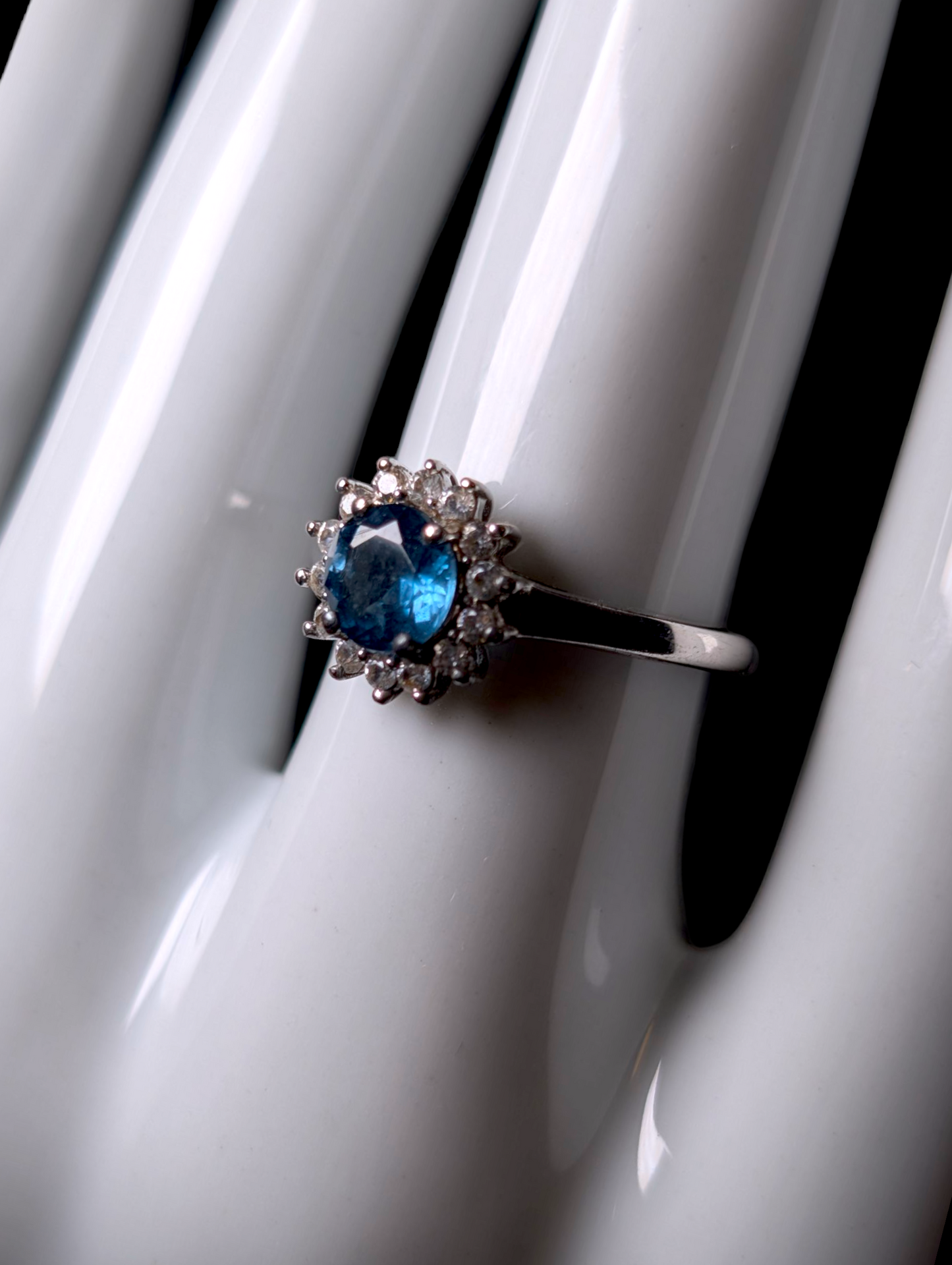 Vintage Dainty Round Cut Genuine Blue Topaz Solitaire with White Zircon Halo Sterling Silver Ring