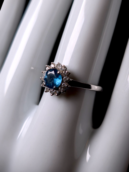 Vintage Dainty Round Cut Genuine Blue Topaz Solitaire with White Zircon Halo Sterling Silver Ring