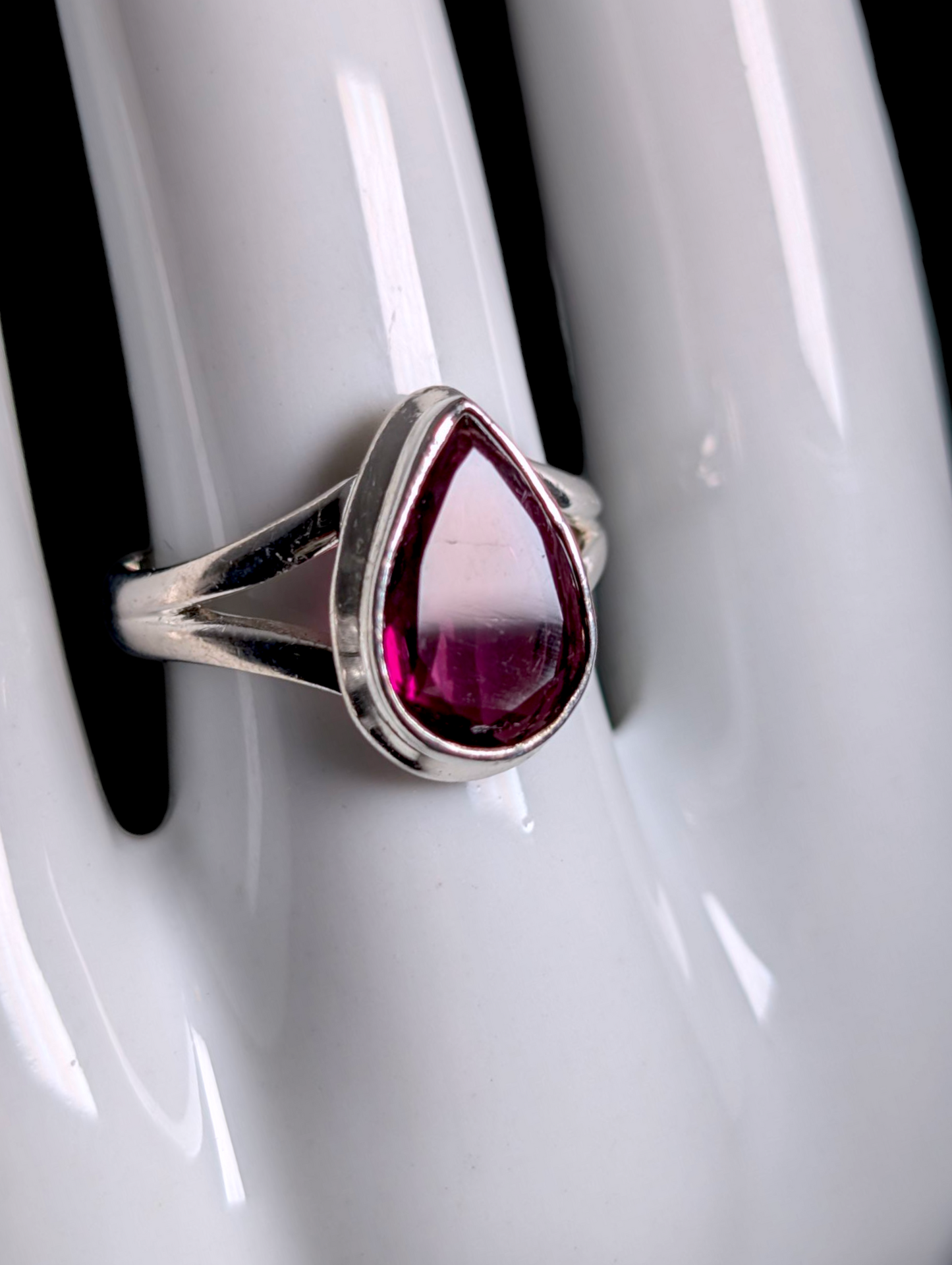Vintage Pear Cut Genuine Rhodolite Garnet Solitaire Bezel Set Sterling Silver Ring