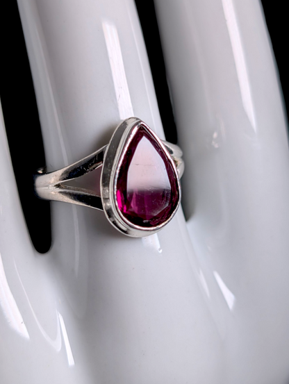 Vintage Pear Cut Genuine Rhodolite Garnet Solitaire Bezel Set Sterling Silver Ring