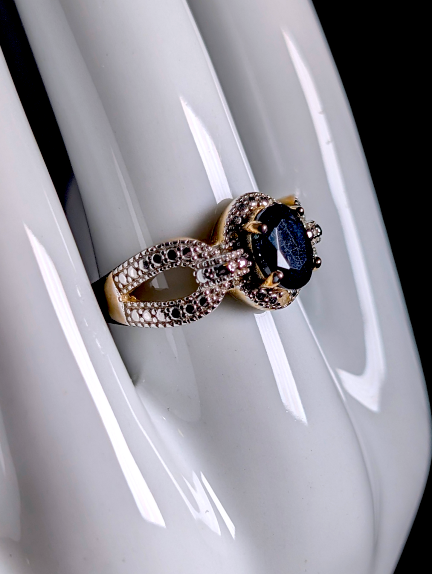 Vintage Dee Berkley Oval Cut Genuine Blue Sapphire Solitaire with Diamond Accented Halo 18kt Yellow Gold over Sterling Silver Ring