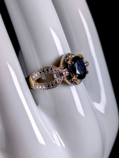 Vintage Dee Berkley Oval Cut Genuine Blue Sapphire Solitaire with Diamond Accented Halo 18kt Yellow Gold over Sterling Silver Ring